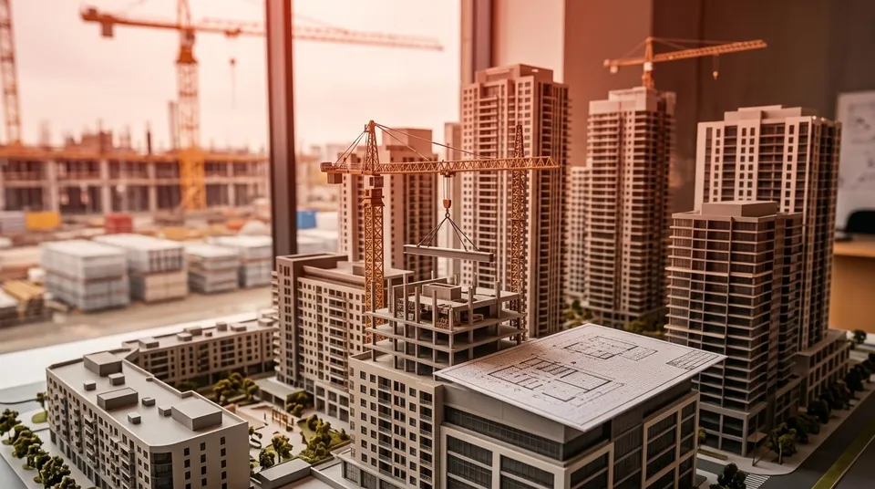 BTP et immobilier — chantier de construction et maquette de projet résidentiel