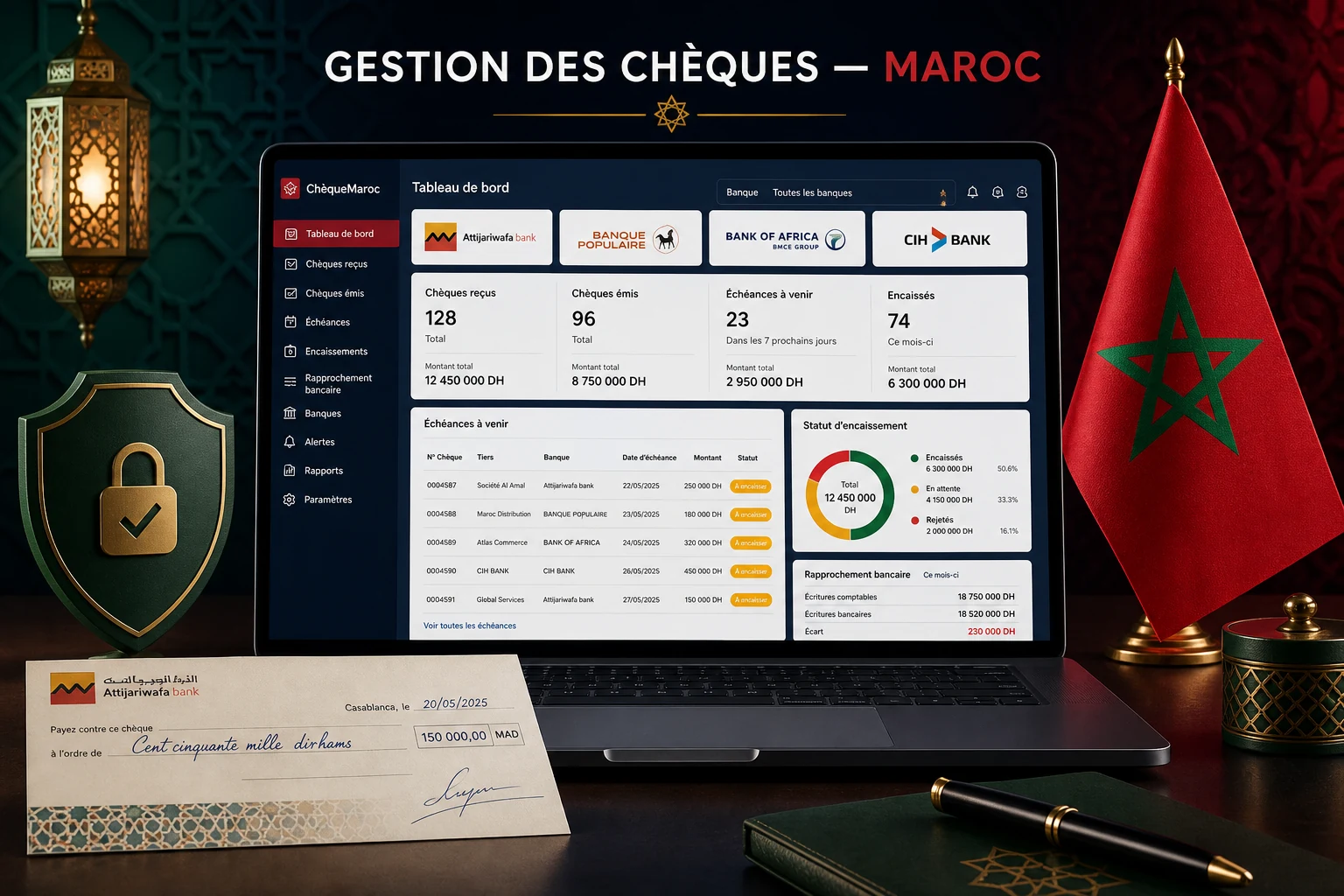 Logiciel marocain de gestion des chèques avec banques marocaines et drapeau du Maroc