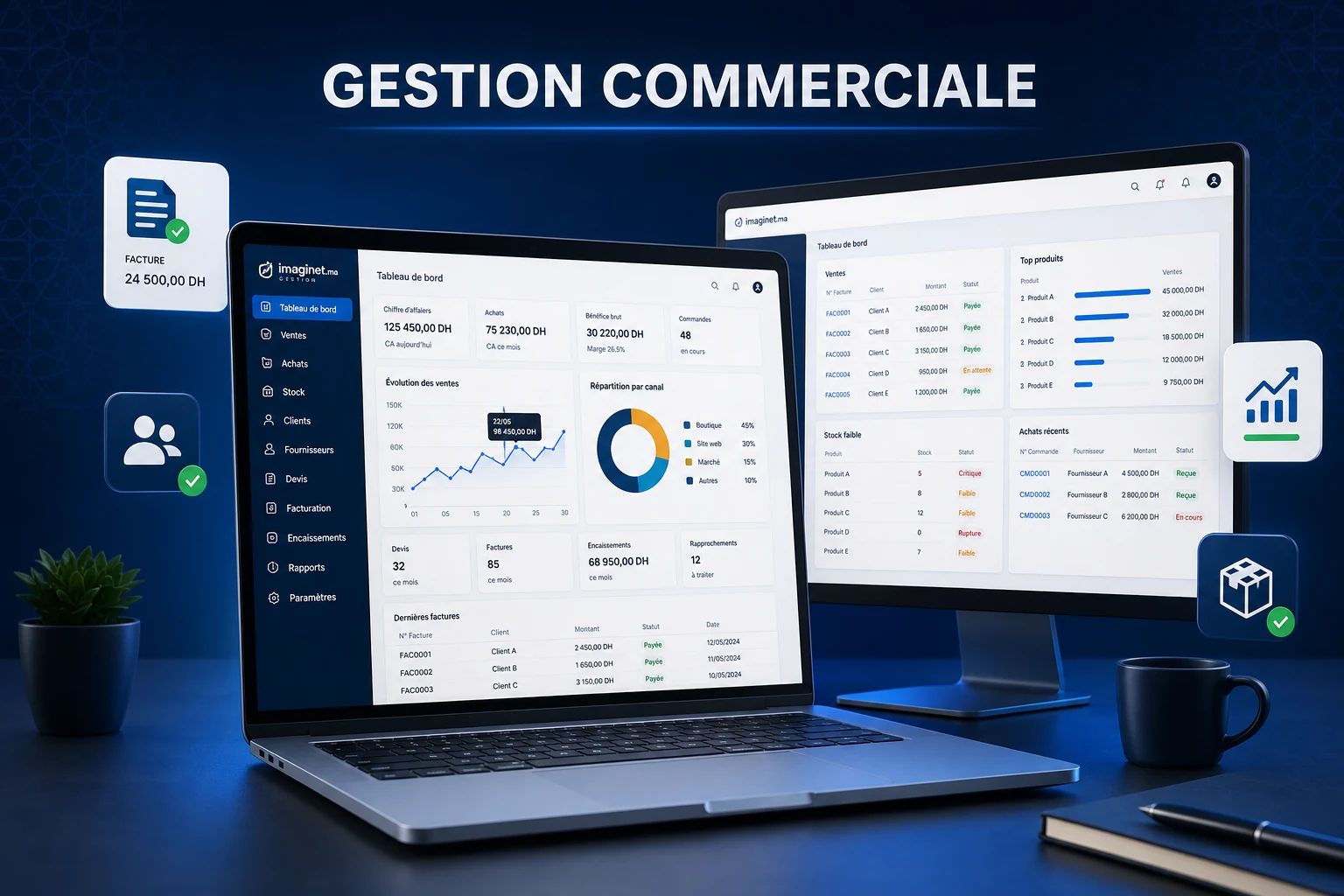 Logiciel de gestion commerciale avec tableaux de bord, ventes, stock et facturation