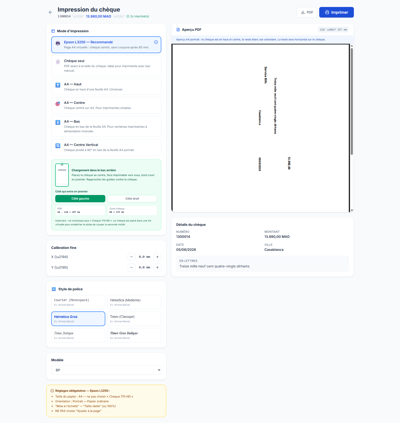 Options d’impression de chèque sur imprimante standard